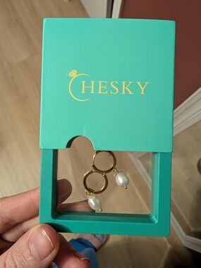 Gold Double Hoop Pearl Drop Earrings - White